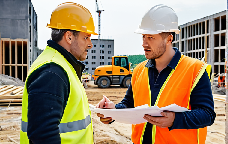 **
> Construction site risk assessment in progress. Focus on identifying hazards, workers discussing plans, safety documents visible, overall emphasis on proactive safety measures. German construction site setting.
**
