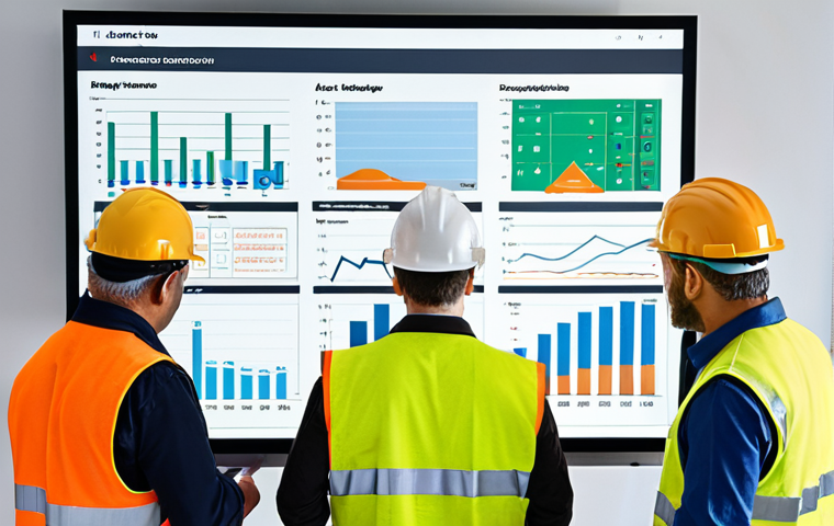 **
A modern construction site with a diverse group of professionals (architect, engineer, construction worker) gathered around a digital display showcasing a clear and easy-to-understand building material test report. The report features charts and graphs, and everyone is actively engaged in a discussion. Emphasis on communication and collaboration.
**