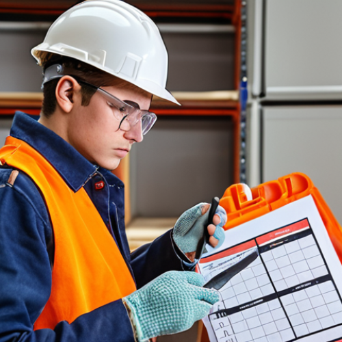 Home 17 **
A construction site setting. A student/trainee wearing a hard hat, safety glasses, and gloves, meticulously checking a calibrated measuring tool against a detailed checklist. Focus on the concentration and preparation. Include relevant tools and materials arranged neatly in the background. The scene emphasizes thoroughness and attention to detail.
**