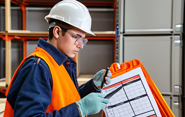 **
A construction site setting. A student/trainee wearing a hard hat, safety glasses, and gloves, meticulously checking a calibrated measuring tool against a detailed checklist. Focus on the concentration and preparation. Include relevant tools and materials arranged neatly in the background. The scene emphasizes thoroughness and attention to detail.
**