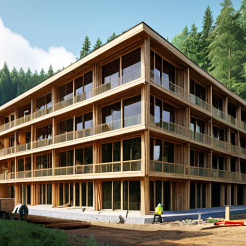 Home 8 **A modern wooden building under construction, showcasing the eco-friendly and sustainable nature of timber construction. The image should convey a sense of innovation and environmental responsibility, highlighting the use of wood as a CO2-neutral building material. Include a view of a lush green forest in the background, emphasizing the renewable resource aspect.**
