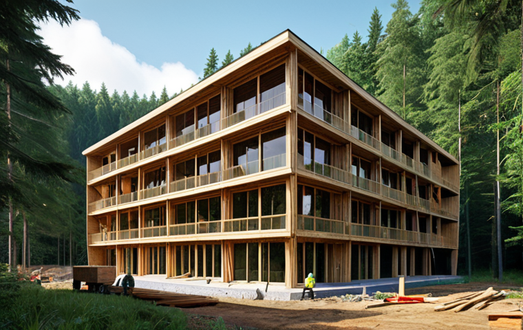 **A modern wooden building under construction, showcasing the eco-friendly and sustainable nature of timber construction. The image should convey a sense of innovation and environmental responsibility, highlighting the use of wood as a CO2-neutral building material. Include a view of a lush green forest in the background, emphasizing the renewable resource aspect.**