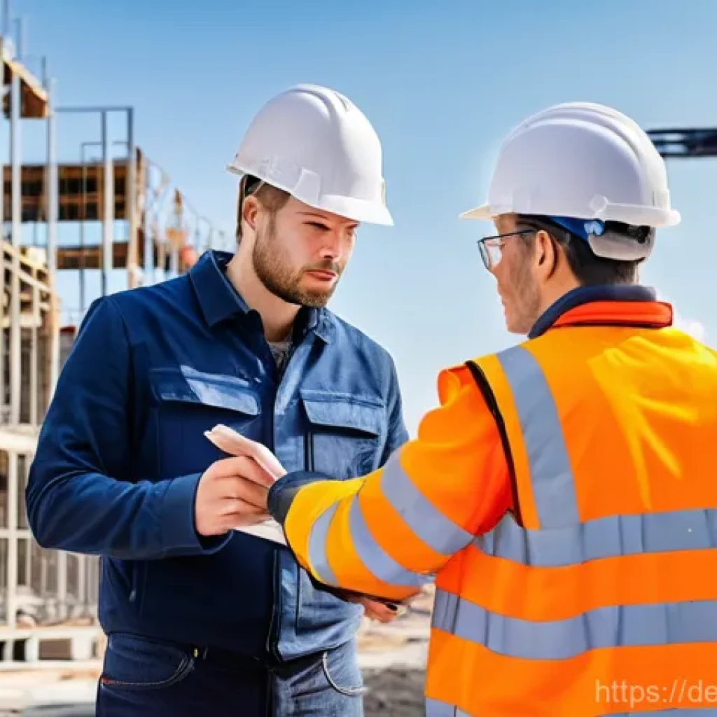 건설재료시험 기술자의 팀워크 비결 - **Communication on a German Construction Site:** A diverse team of construction professionals, inclu...