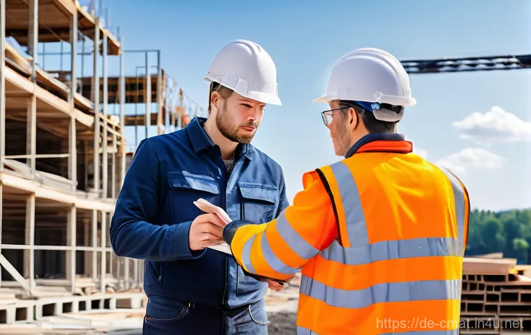 건설재료시험 기술자의 팀워크 비결 - **Communication on a German Construction Site:** A diverse team of construction professionals, inclu...