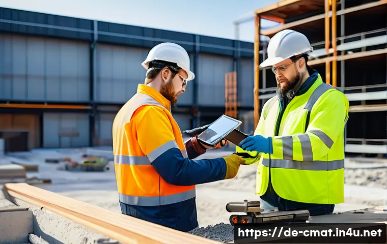 건설재료시험 기술자와 품질 기준 수립 과정 - A modern construction site laboratory scene featuring engineers and technicians performing non-destr...