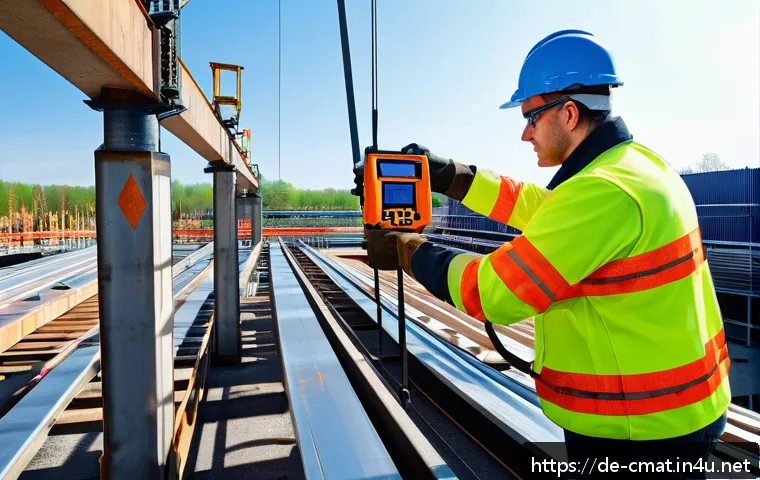 건설재료시험기사와 대규모 프로젝트 사례 - A detailed construction site scene in Germany showcasing a technician performing ultrasonic testing ...